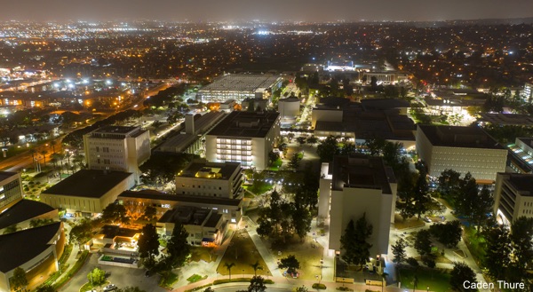 Aerial view of campus at night